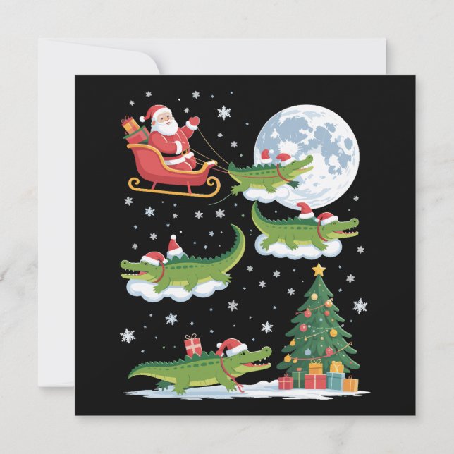 Funny Xmas Lighting Tree Santa Riding Alligator  Holiday Card (Front)