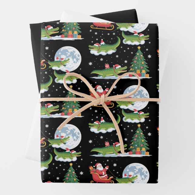 Funny Xmas Lighting Tree Santa Riding Alligator  Wrapping Paper Sheet (In situ)