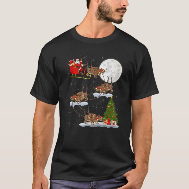 Funny Xmas Lighting Tree Santa Riding Bengal Cat C T-Shirt (Front)