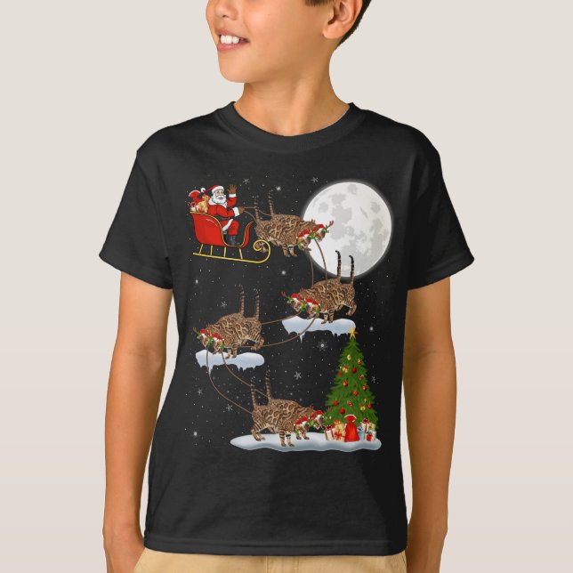Funny Xmas Lighting Tree Santa Riding Bengal Cat C T-Shirt (Front)