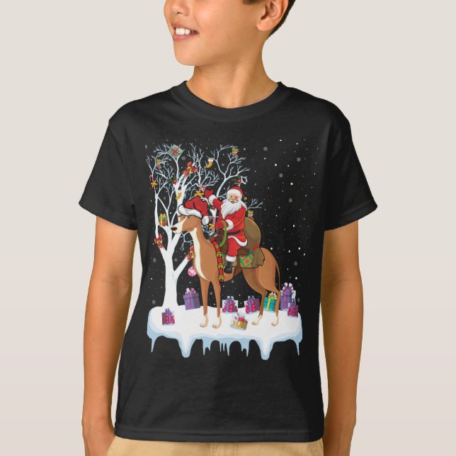 Funny Xmas Lighting Tree Santa Riding Greyhound Ch T-Shirt (Front)