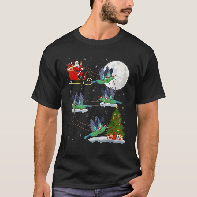 Funny Xmas Lighting Tree Santa Riding Hummingbird  T-Shirt (Front)