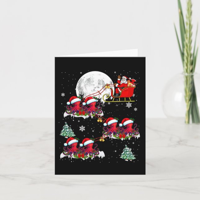 Funny Xmas Lighting Tree Santa Riding Octopus Chri Card (Front)