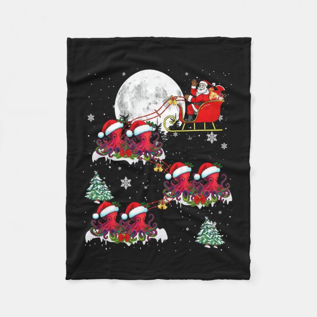 Funny Xmas Lighting Tree Santa Riding Octopus Chri Fleece Blanket (Front)