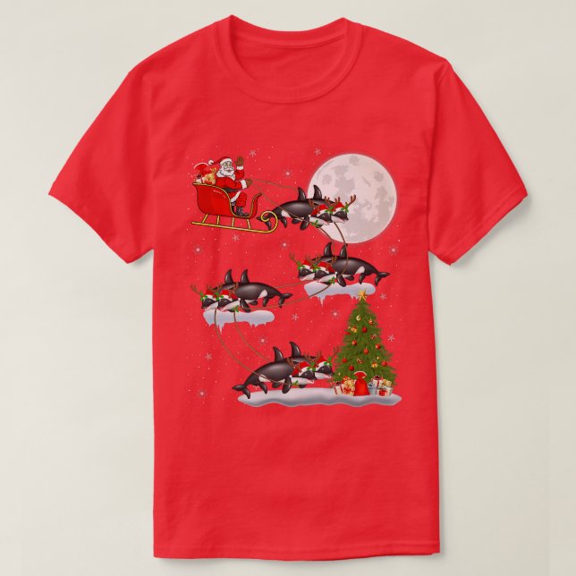 Funny Xmas Lighting Tree Santa Riding Orca Fish Ch T-Shirt (Design Front)