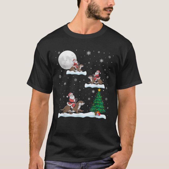 Funny Xmas Lighting Tree Santa Riding Otter Christ T-Shirt (Front)