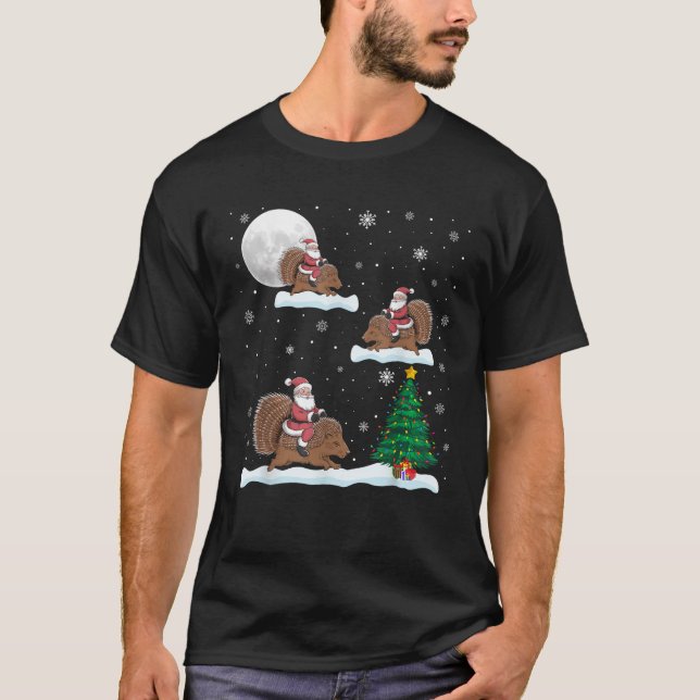Funny Xmas Lighting Tree Santa Riding Porcupine Ch T-Shirt (Front)