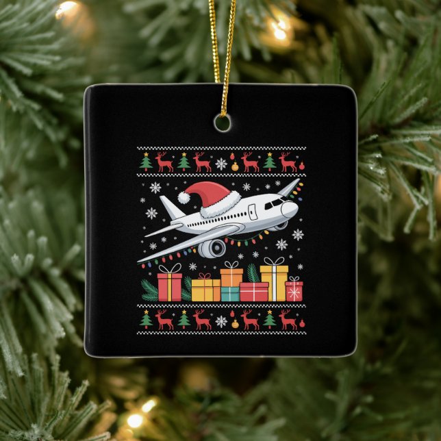 Funny Xmas Lighting Tree Santa Ugly Aeroplane  Ceramic Ornament (Tree)