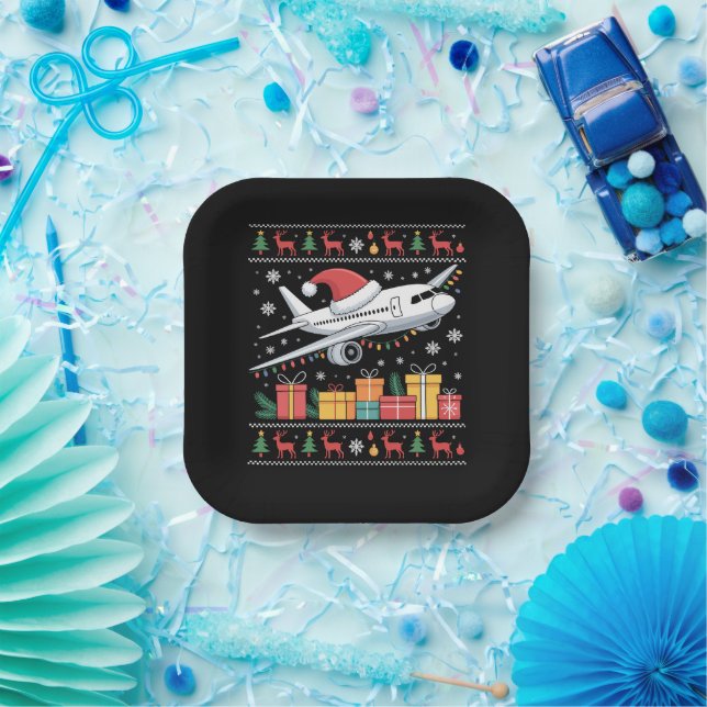 Funny Xmas Lighting Tree Santa Ugly Aeroplane  Paper Plate (Party)