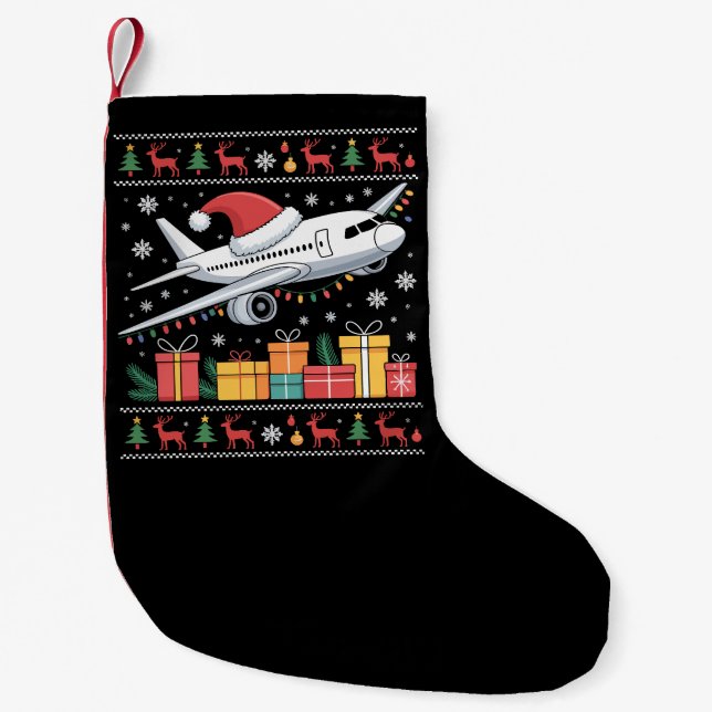 Funny Xmas Lighting Tree Santa Ugly Aeroplane  Small Christmas Stocking (Front)