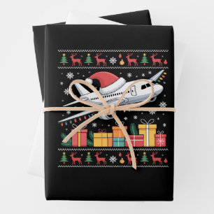 Funny Xmas Lighting Tree Santa Ugly Aeroplane  Wrapping Paper Sheet