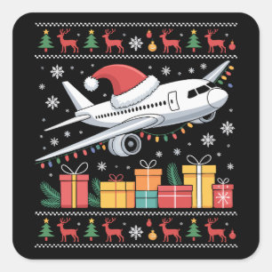 Funny Xmas Lighting Tree Santa Ugly Airplane  Square Sticker
