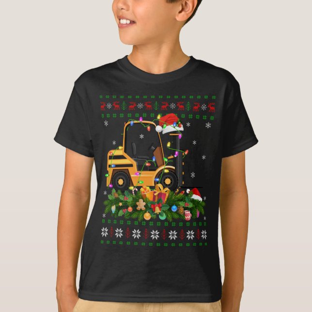 Funny Xmas Lighting Tree Santa Ugly Forklift Chris T-Shirt (Front)