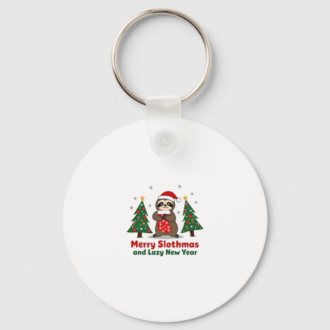 Funny Xmas Lights Stocking Santa Hat Sloth Christm Key Ring (Front)