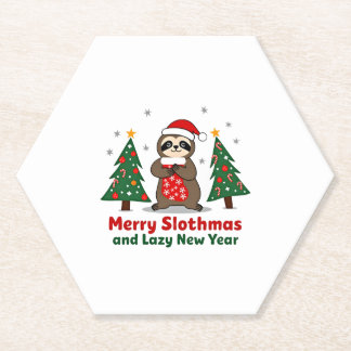 Funny Xmas Lights Stocking Santa Hat Sloth Christm Paper Coaster