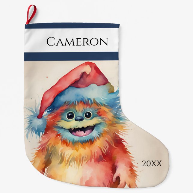Funny Xmas Monster Large Christmas Stocking (Front)