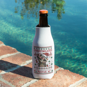 Funny Xmas Overstimulated & Festive Af Racoon Bottle Cooler