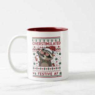 Funny Xmas Overstimulated & Festive Af Racoon Two-Tone Coffee Mug
