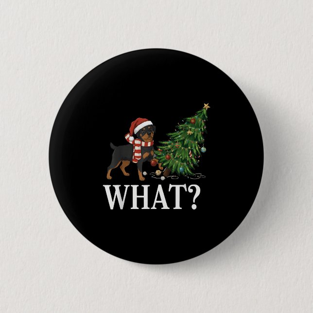 Funny Xmas Rottweiler Pushing Christmas Tree Over  6 Cm Round Badge (Front)