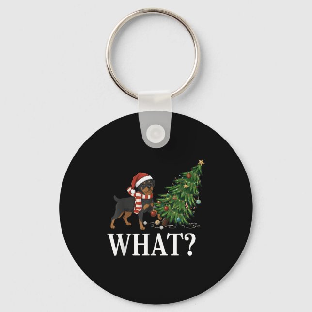 Funny Xmas Rottweiler Pushing Christmas Tree Over  Key Ring (Front)