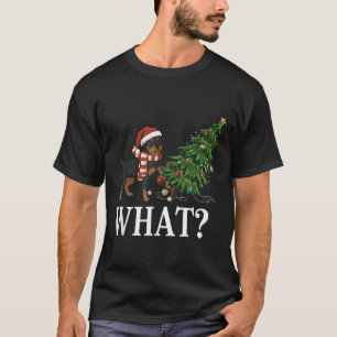 Funny Xmas Rottweiler Pushing Christmas Tree Over  T-Shirt