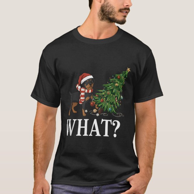 Funny Xmas Rottweiler Pushing Christmas Tree Over  T-Shirt (Front)