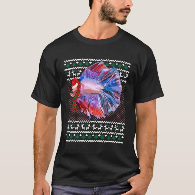 Funny Xmas Santa Hat Betta Fish Ugly Christmas T-Shirt (Front)