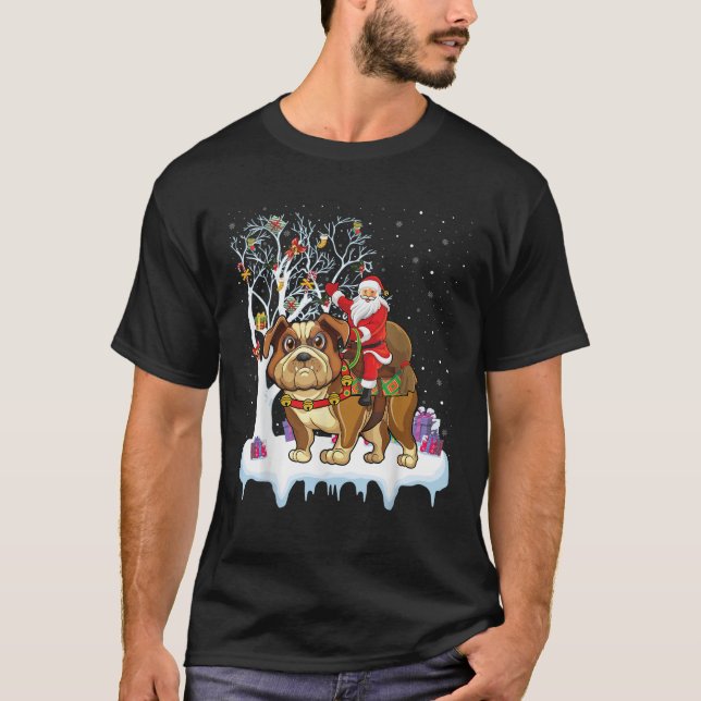 Funny Xmas Tree Santa Riding English Bulldog Chris T-Shirt (Front)