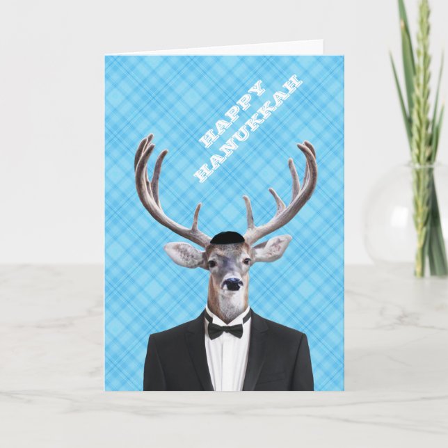 Funny Yarmulke Happy Hanukkah Deer Blue Plaid Holiday Card (Front)