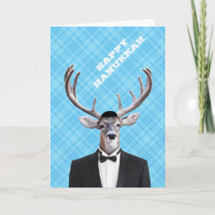 Funny Yarmulke Happy Hanukkah Deer Blue Plaid Holiday Card