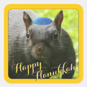 Funny Yarmulke-Wearing Squirrel • Happy Hanukkah Square Sticker