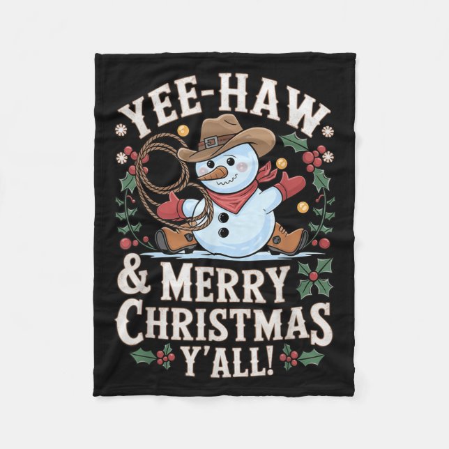 Funny Yee Haw Merry Christmas Y'all Xmas Cute Cowb Fleece Blanket (Front)