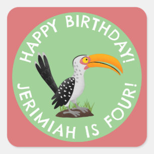 Funny yellow billed hornbill personalised birthday square sticker