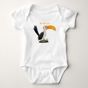 Funny yellow billed hornbill safari bird cartoon baby bodysuit