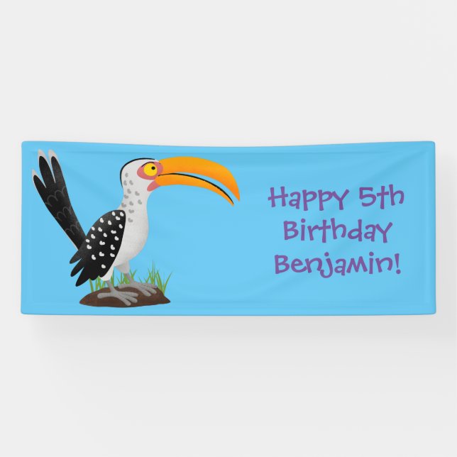 Funny yellow billed hornbill safari bird cartoon banner (Horizontal)