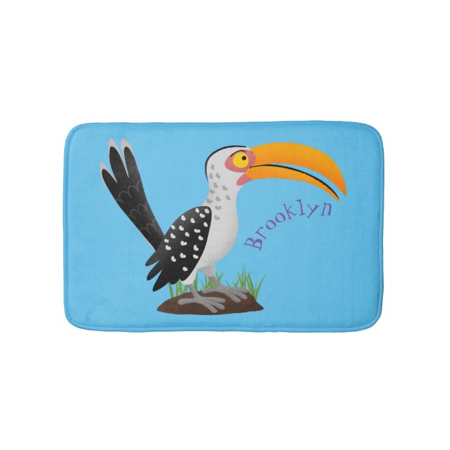 Funny yellow billed hornbill safari bird cartoon bath mat (Front)