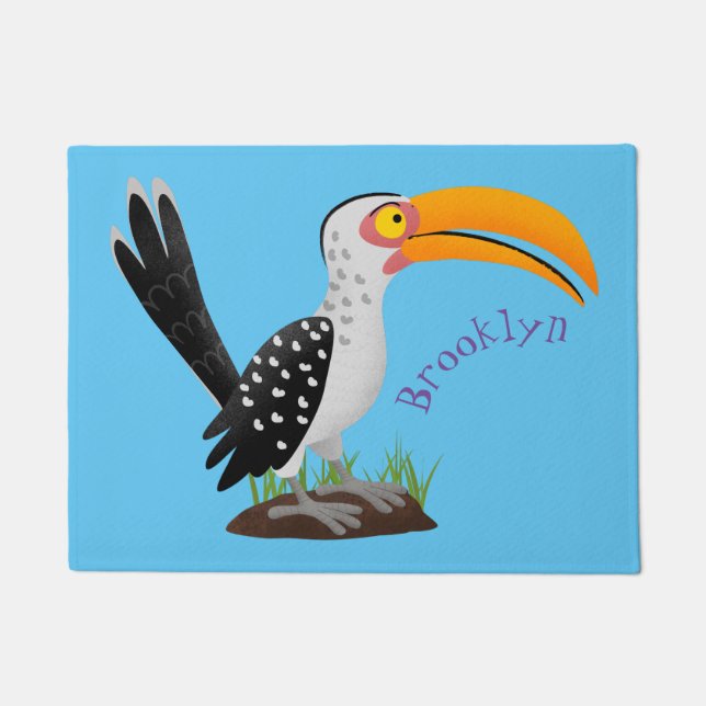 Funny yellow billed hornbill safari bird cartoon doormat (Front)