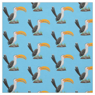 Funny yellow billed hornbill safari bird cartoon fabric