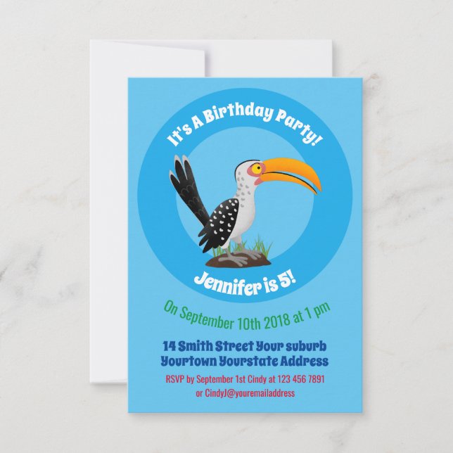 Funny yellow billed hornbill safari bird cartoon invitation (Front)