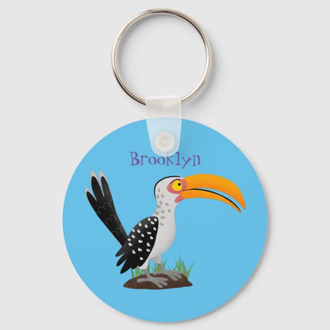 Funny yellow billed hornbill safari bird cartoon key ring (Front)