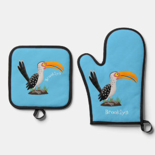 Funny yellow billed hornbill safari bird cartoon oven mitt & pot holder set