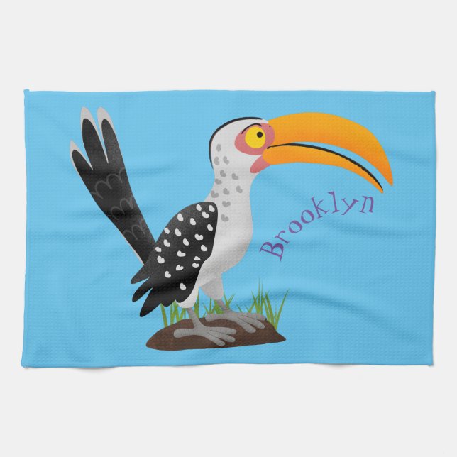 Funny yellow billed hornbill safari bird cartoon tea towel (Horizontal)