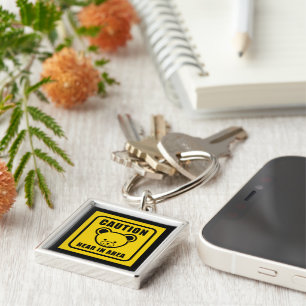 Funny Yellow Black Teddy Bear Warning Sign Art Key Ring