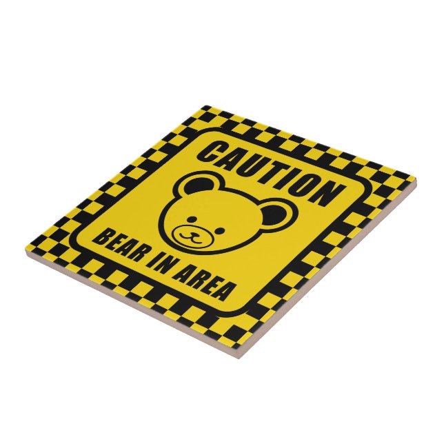 Funny Yellow Black Teddy Bear Warning Sign Art Tile (Side)