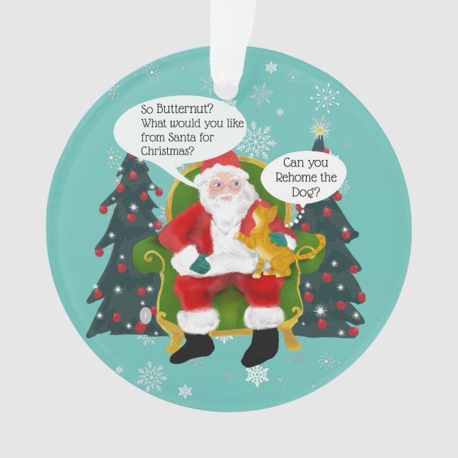 Funny Yellow Cat Visits Santa Custom Christmas Ornament (Front)