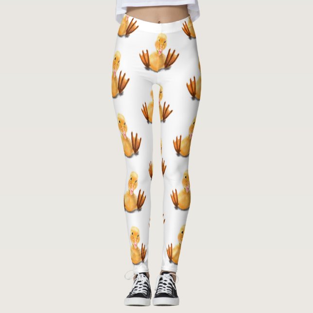 Funny Yellow Duck Playful Wink Happy Smile Cartoon Leggings (Front)