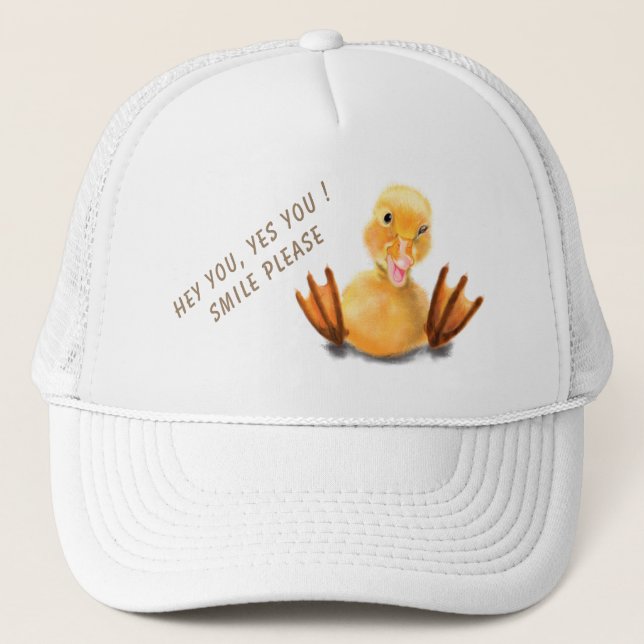 Funny Yellow Duck Playful Wink Happy Smile Cartoon Trucker Hat (Front)