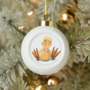 Funny Yellow Duck Playful Wink Smile  Ceramic Ball Christmas Ornament