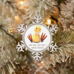 Funny Yellow Duck Playful Wink Smile - Your Text Snowflake Pewter Christmas Ornament
