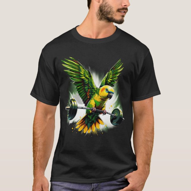 Funny Yellow Headed Parrot Deadlift Weightlifting T-Shirt (Front)